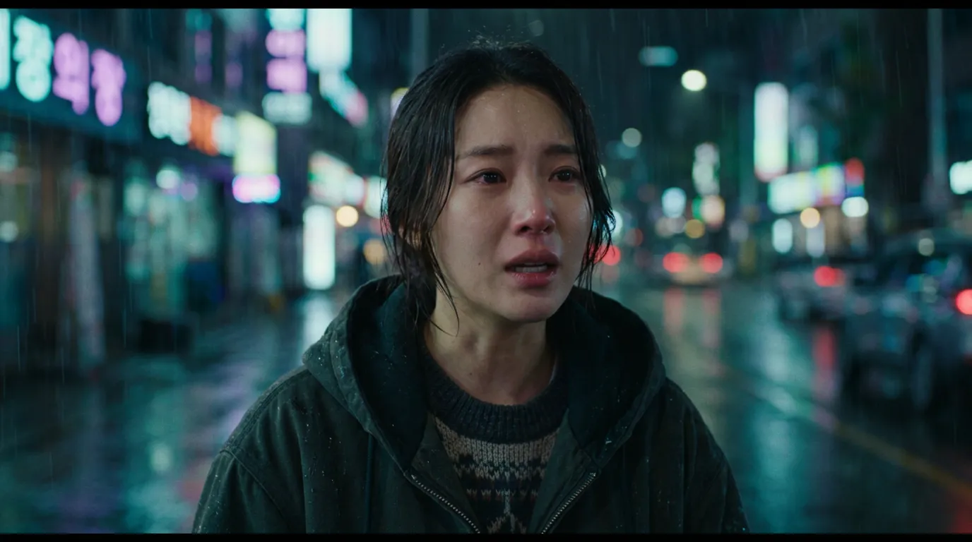 DramaForge로 생성한 숏드라마 장면: 비 내리는 서울 거리에서 대사를 말하는 여성 배우